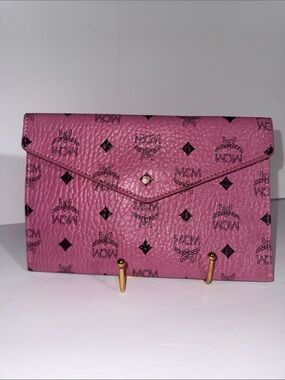 NEW MCM Pink Monogram Envelope Wallet CLUTCH with Gold-Tone Stud
